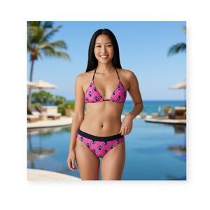 new Joe Boxer ☼ Unicorn Print 2 Piece String Bikini Set ☼ Hot Pink Black ☼ XS